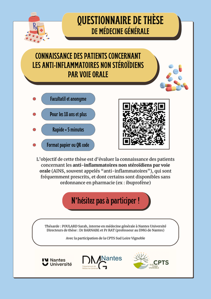 Questionnaire à destination des patients sur l'utilisation des anti-inflammatoires